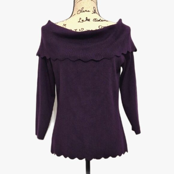 Cable & Gauge Sweater M Off Shoulder Wide Collar Scallop Edge Purple Knit - Picture 2 of 8
